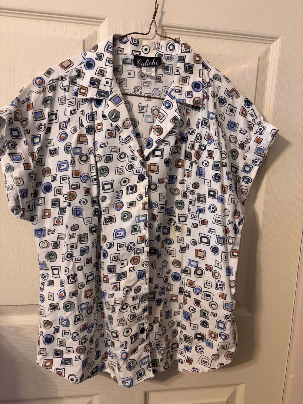 Caliché Vintage Abstract Geometric Print Short Sleeve Button-Up Shirt